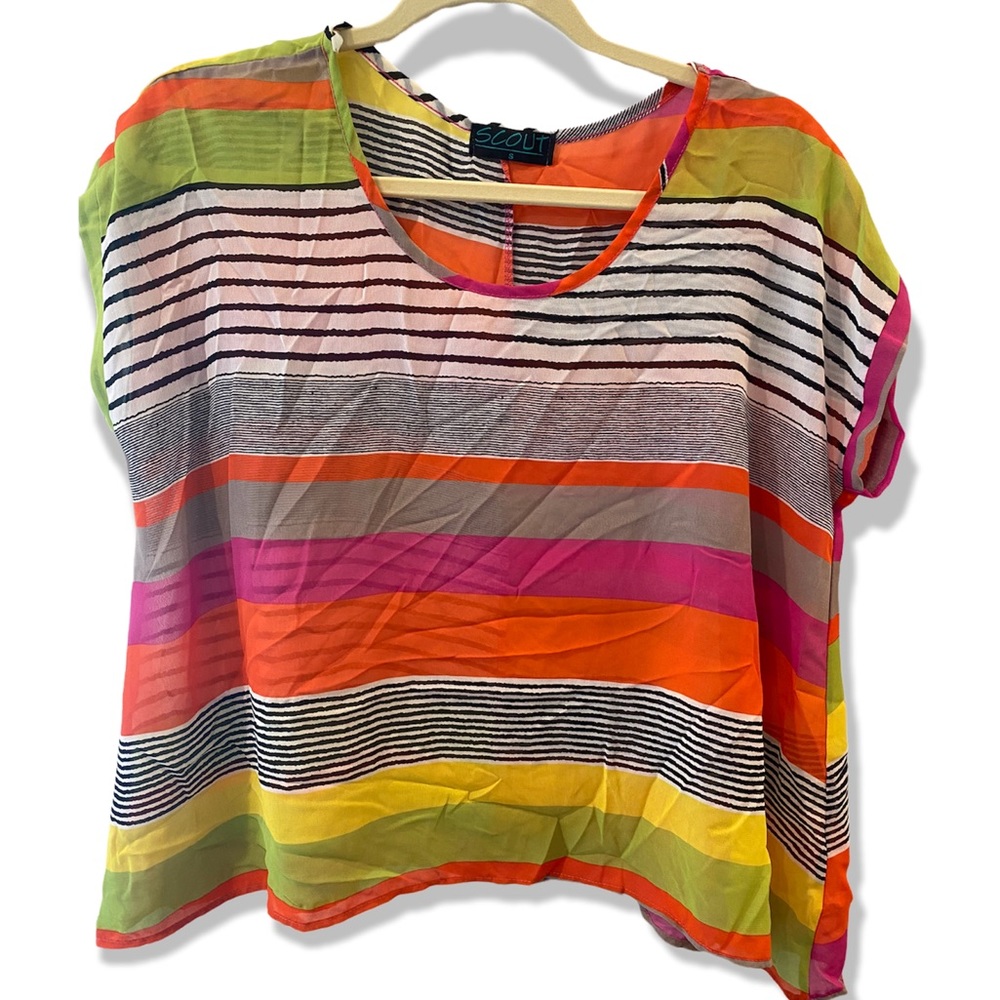 SCOUT neon striped sheer blouse 90s Y2K retro vibe womens top Artsy Eclecticism